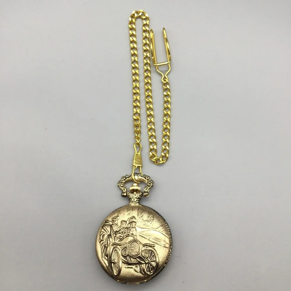 Riviera Pocket Watch Men 45mm Gold Tone Car Cover Full Hunter Chain New Battery